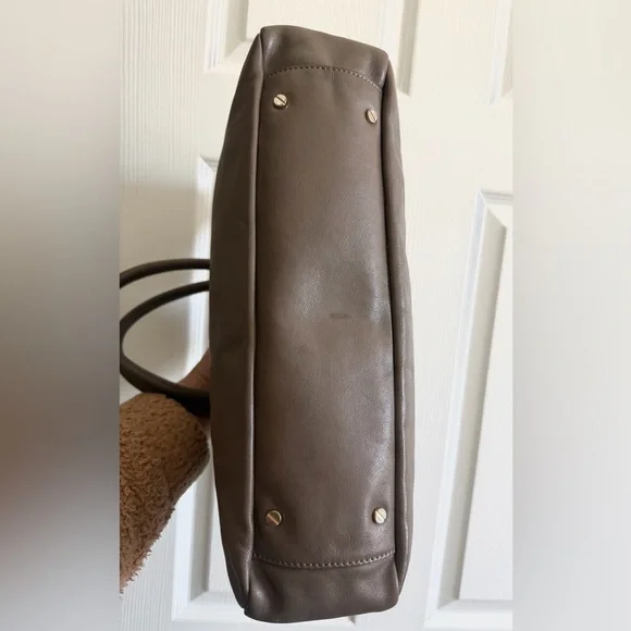 Tory Burch Taupe Leather Satchel with Gold Clasp - Picture 8 of 16